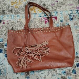 Laggo Womens Purse Remy Brown Pebbled Leather Gold Studded Large Tote Bag
